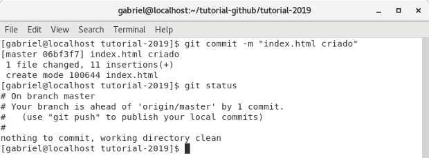Comando git commit + status Terminal comando git commit + status