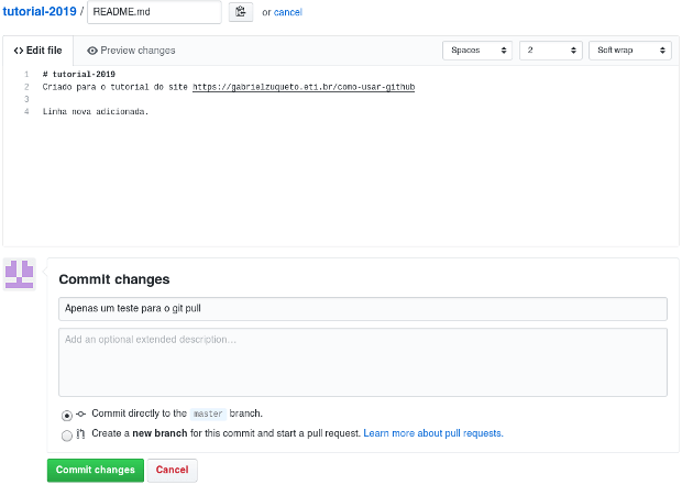Screenshot GitHub salvar alterações no arquivo Screenshot GitHub salvar alterações no arquivo